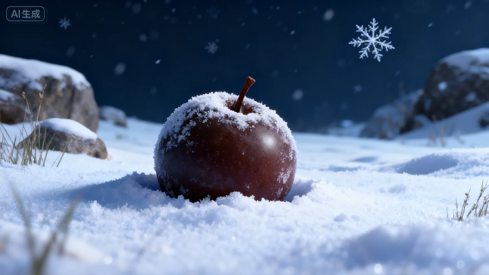 夜间雪地中的冻梨